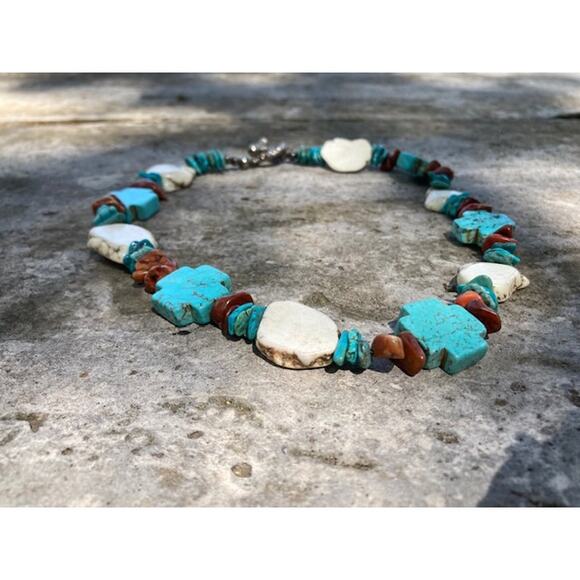 SALE. Handmade Southwestern Turquoise & Cream Statement Necklace - Picture 3 of 5